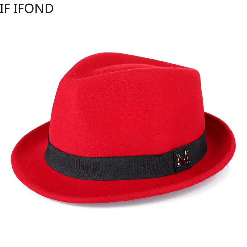 Model wearing a stylish black fedora, perfect for formal and casual winter occasions.