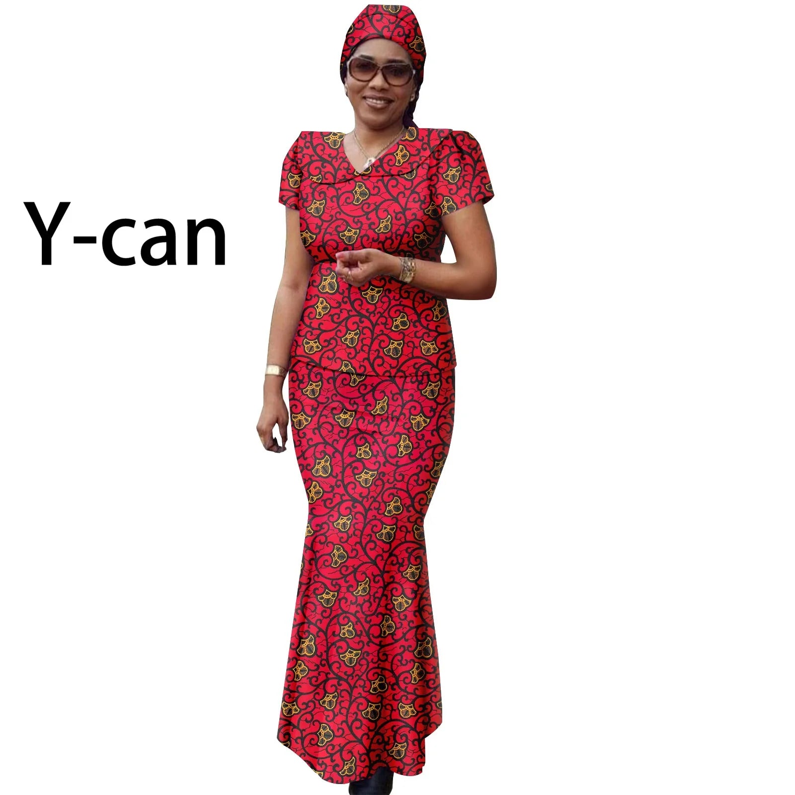 African Women Ankara Print Doll Collar Top, Skirt & Headscarf 3-Piece Set