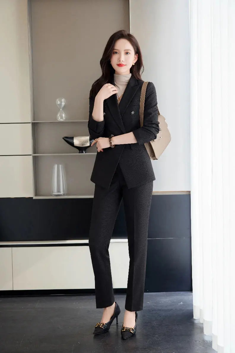 Side view of women's tailored suit pants in polyester-spandex blend, highlighting flexibility.