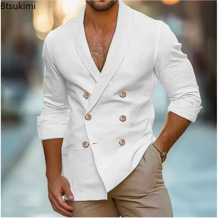 Close-up of lightweight polyester blend fabric of the double-breasted blazer.