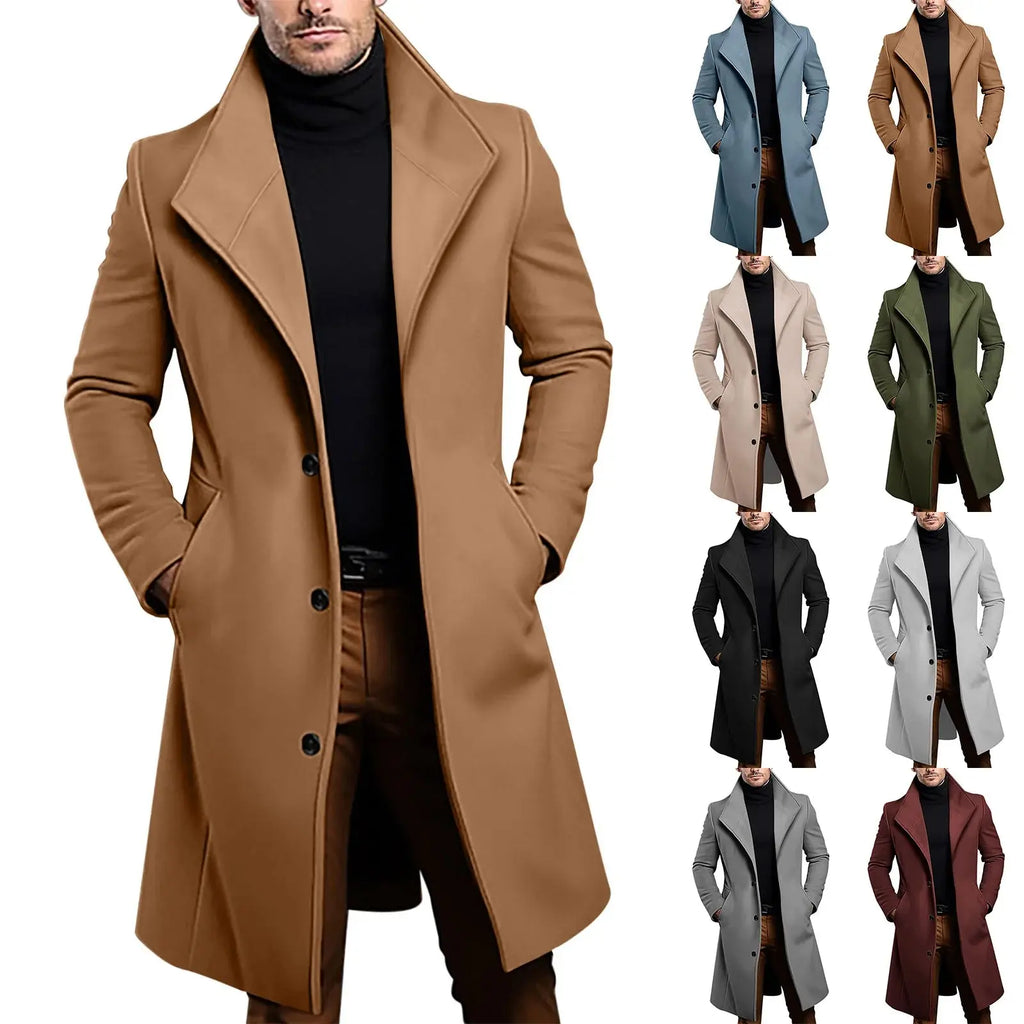 Mid-length winter woolen coat in classic black, tailored fit for a sophisticated look.