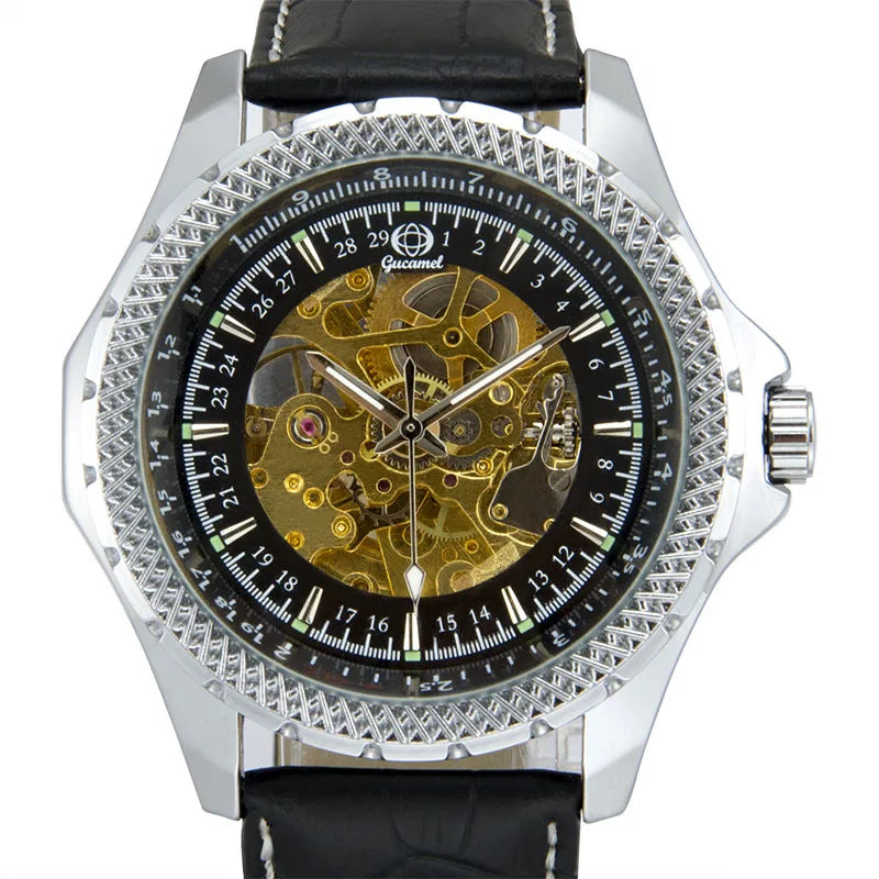 Luxury skeleton watch with intricate gears visible through crystal-clear glass.