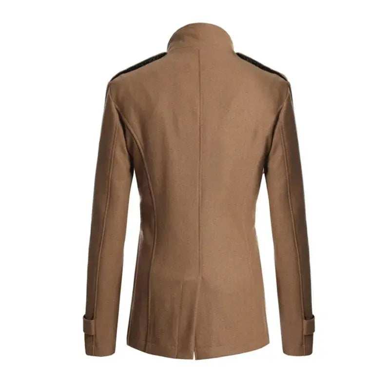 Close-up of the lapel and button details on the Winter's Warm Embrace overcoat.