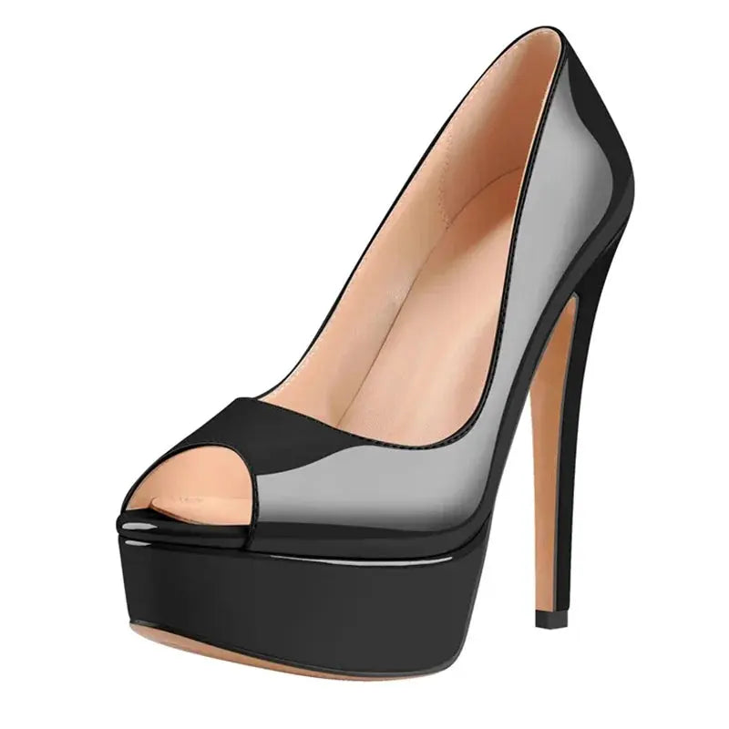 Versatile nude patent leather platform heels with peep toe for all-day comfort and style