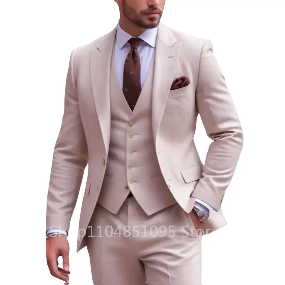 Men's tailored suit set styled with a white dress shirt and tie for a polished look.