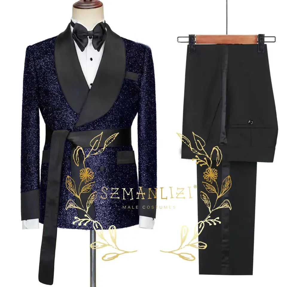 Side view of slim fit black tuxedo highlighting sophisticated profile.