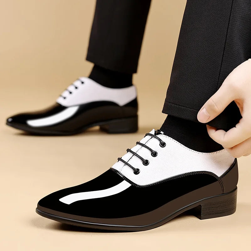 Versatile black patent oxfords styled with tailored trousers for a professional look.