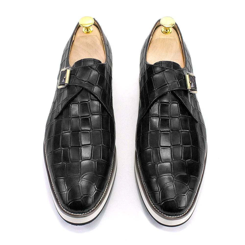 Handmade leather monk strap shoes with crocodile texture available in black and dark brown colorways