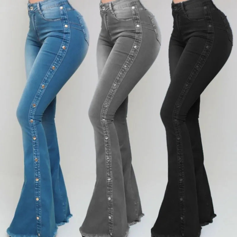 Side view of distressed denim flare jeans emphasizing the stylish cut and medium stretch.