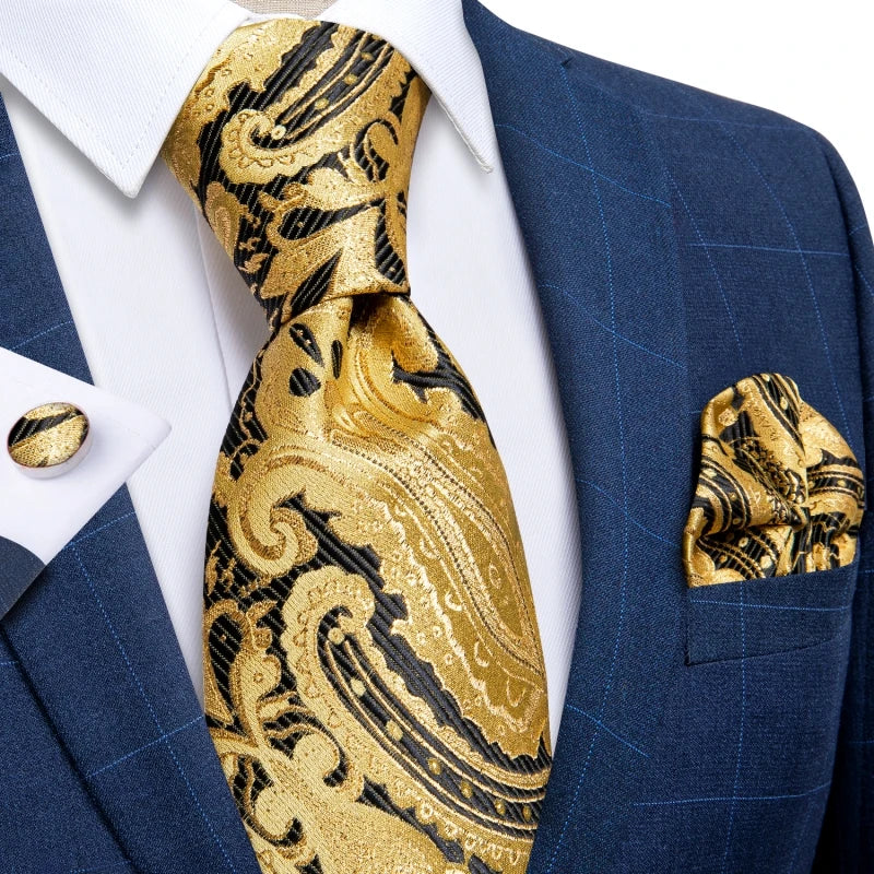 Premium paisley necktie displaying elegant drape and coordinated handkerchief