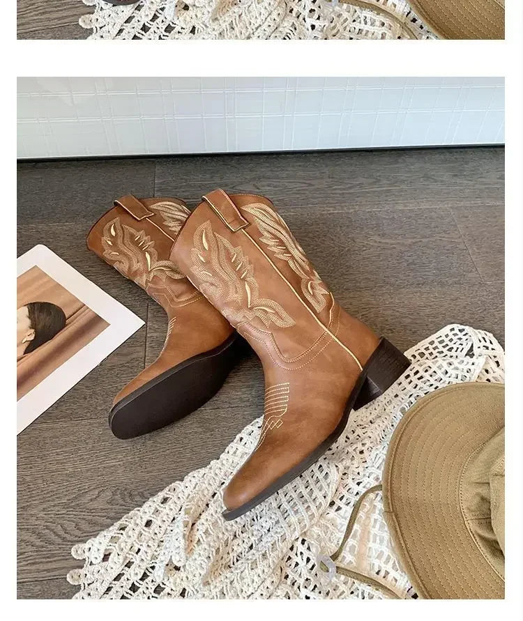 Genuine leather Western boots with hand-inspired stitching and pull-on style