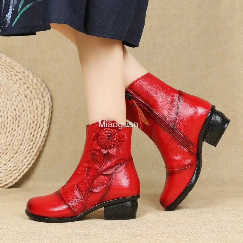 Women's waterproof mid-calf boots featuring delicate vintage floral pattern and side zipper