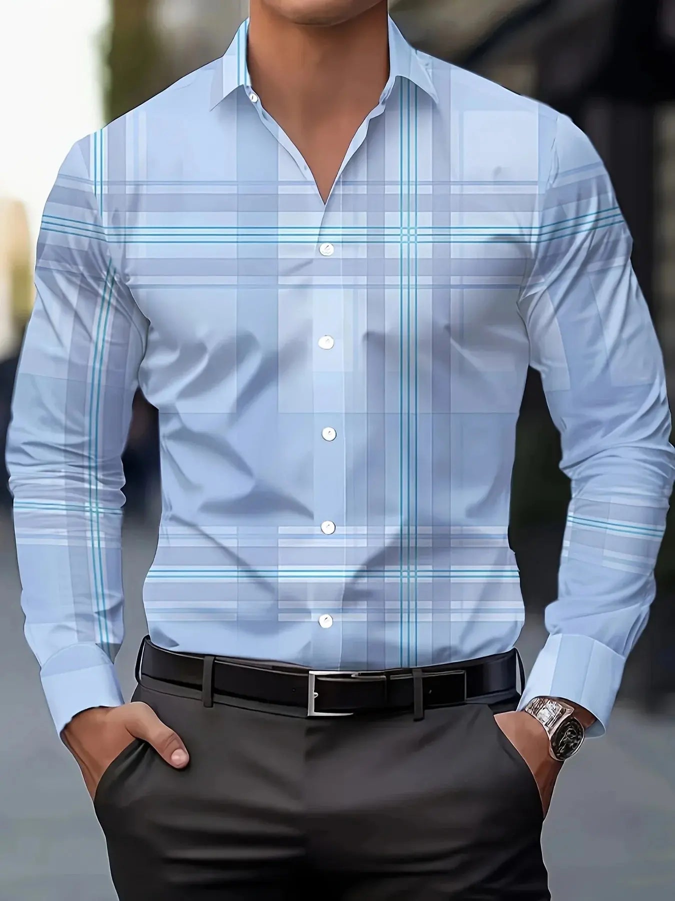 Detail of the flexible fabric on the confidence shirt, emphasizing its comfort and easy-care features.