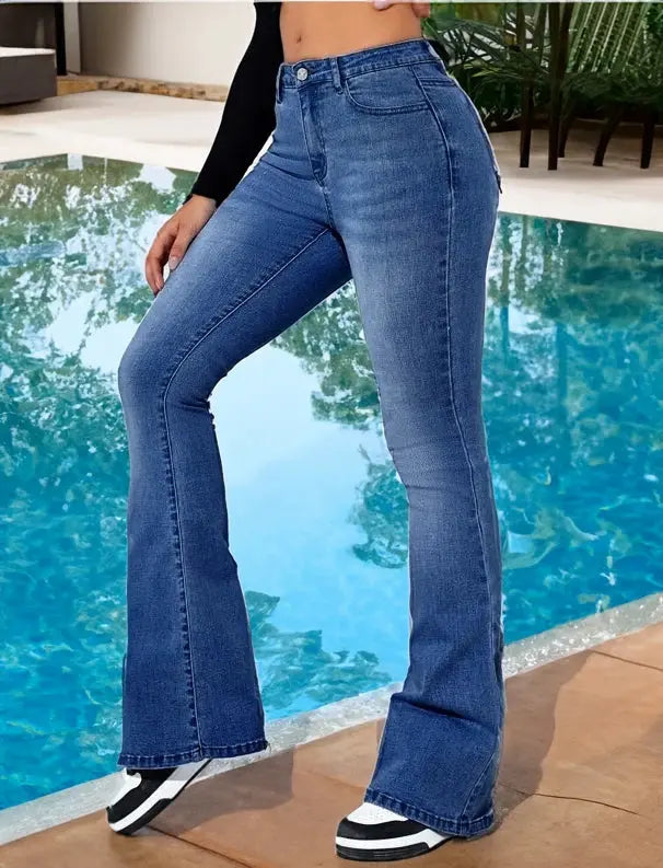 Close-up of soft, stretchy fabric of wide-leg jeans, showcasing comfort and style.