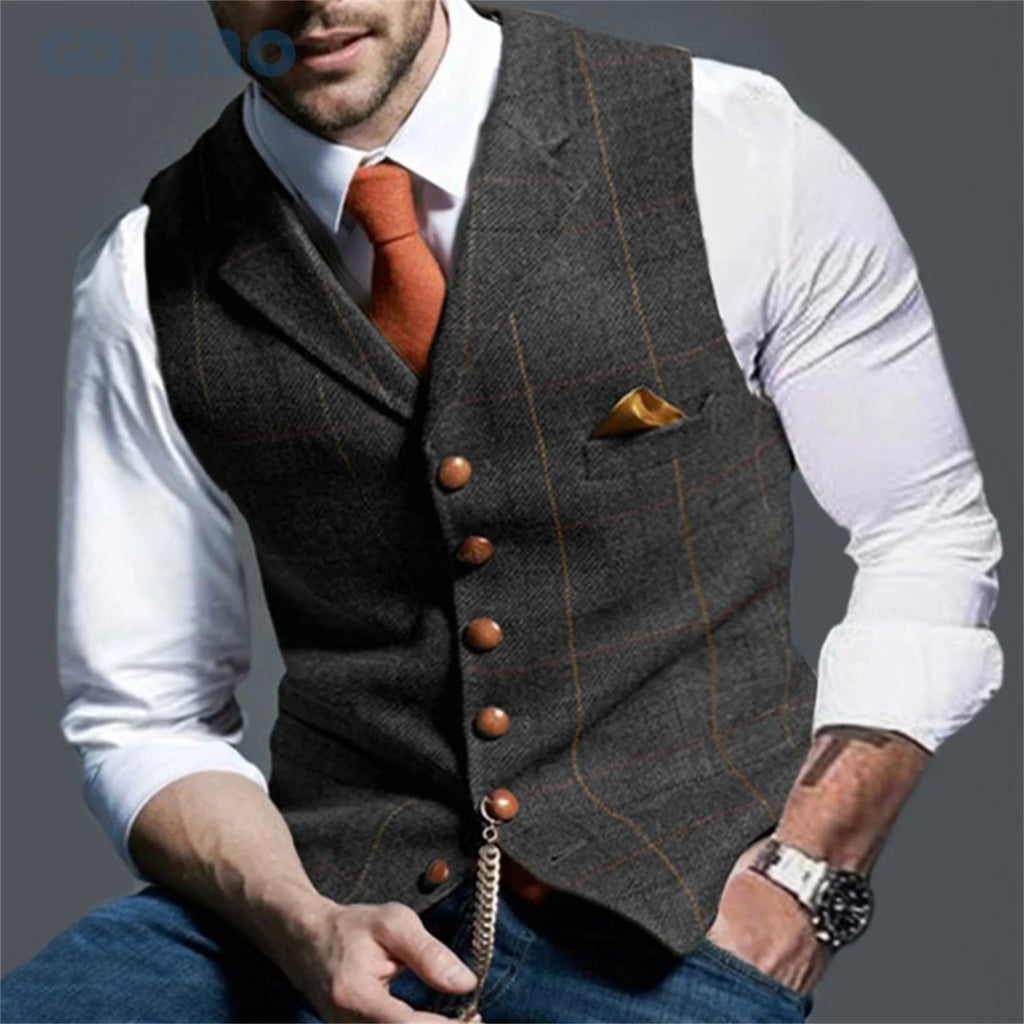 Back view of the tailored tweed vest highlighting its impeccable fit.