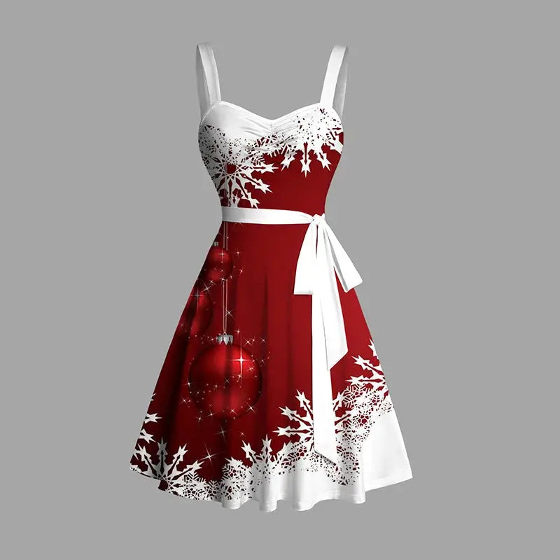 Back view of the Holiday Radiance Sleeveless Dress, highlighting its sleeveless design and festive print.