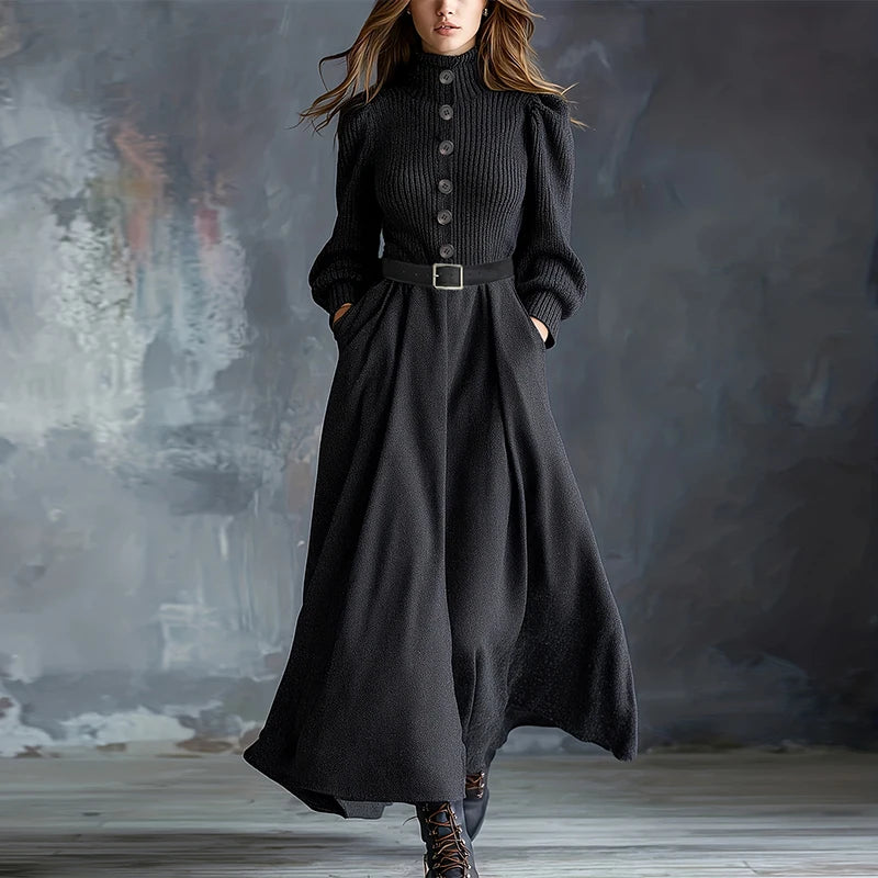 Black Knit Maxi Dress with half turtleneck and button details, perfect for elegant occasions.