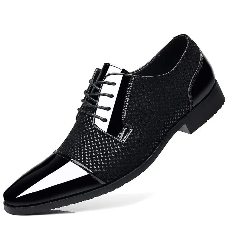 Durable rubber outsoles of black Oxford shoes for steady grip.