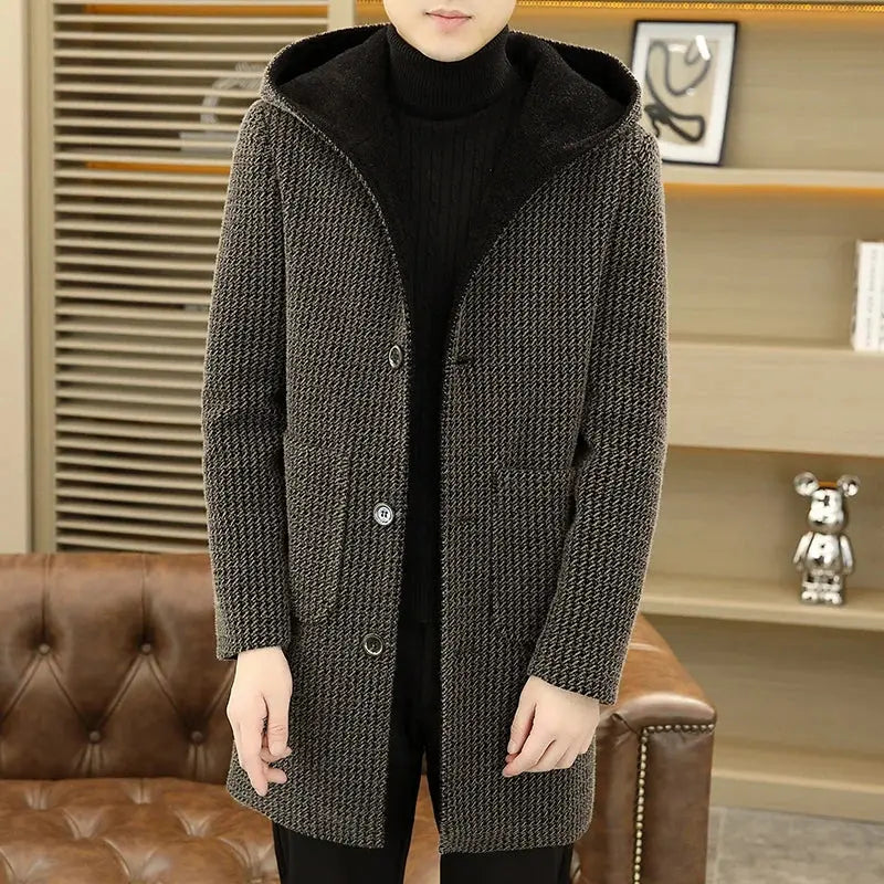 Winter's Whisper overcoat styled for a formal event, emphasizing its versatile design.
