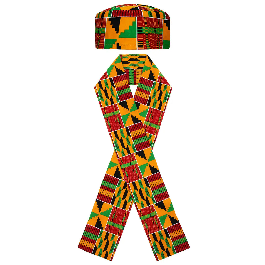 African Kente Pattern Kufi Hat & Stole Sash Shawl