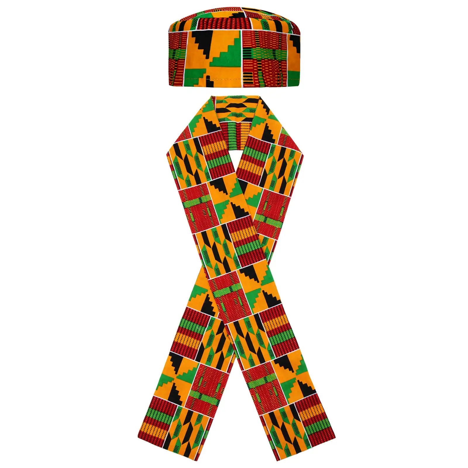 African Kente Pattern Kufi Hat & Stole Sash Shawl
