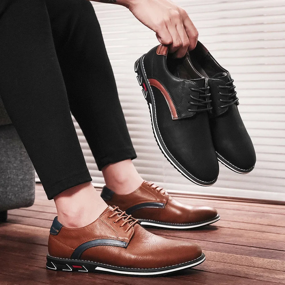 Boardroom-ready leather business shoes with moisture-wicking insole and durable traction outsole