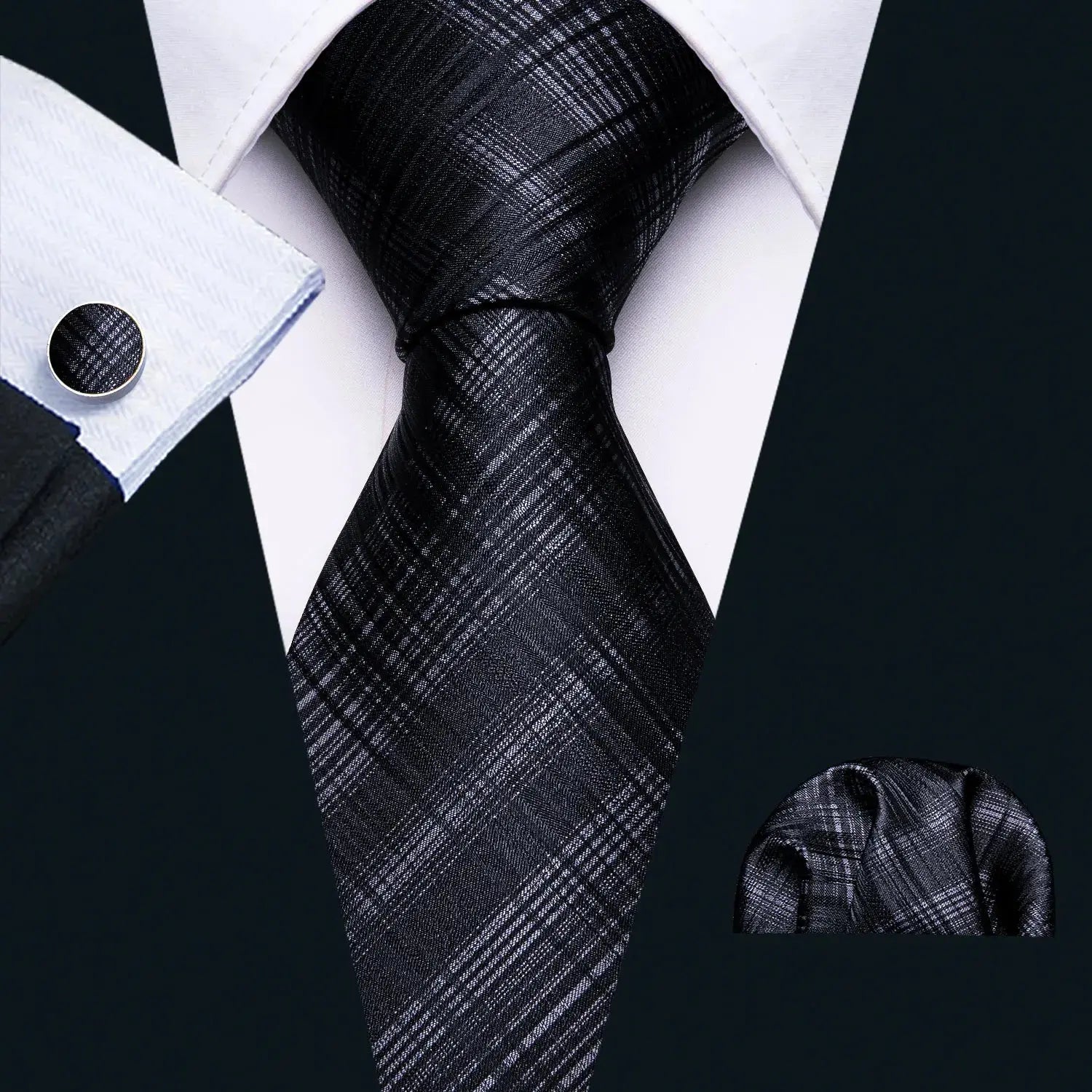 Complete black tie set featuring cufflinks and handkerchief