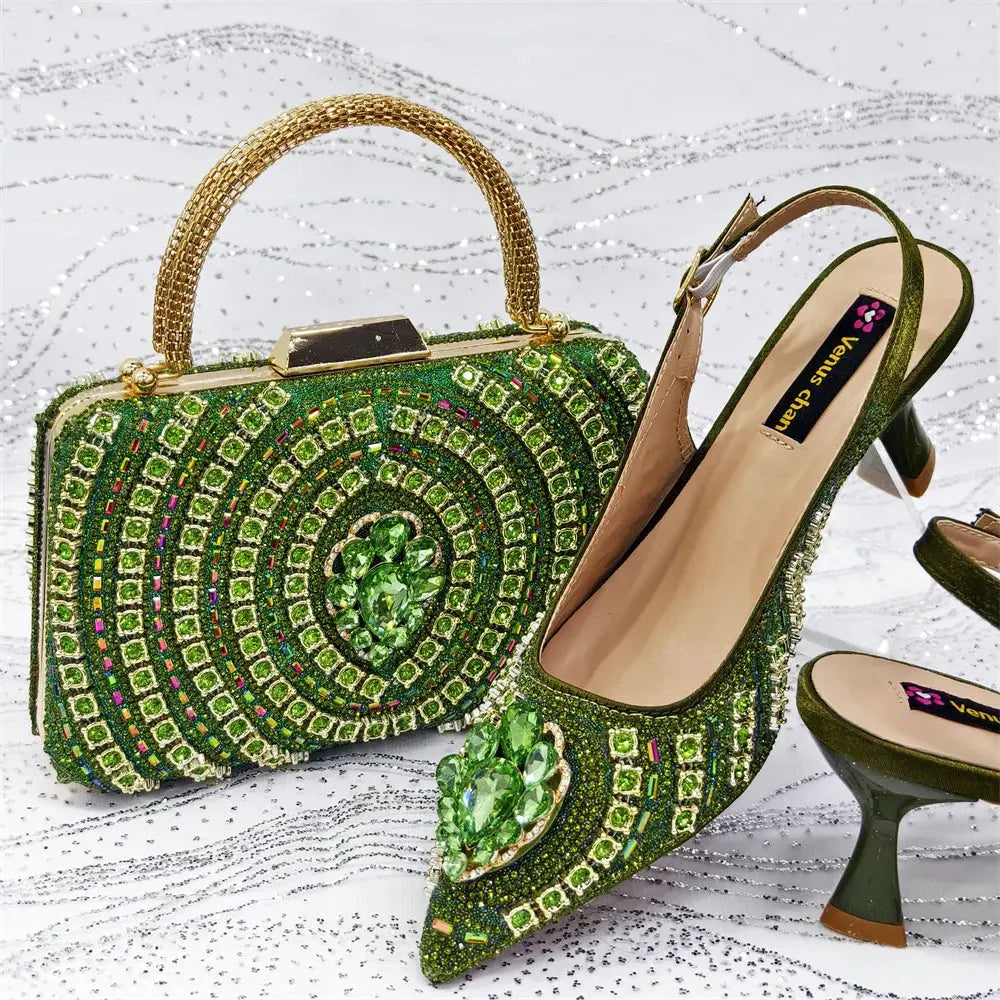 Full view of the green heels and handbag set for special occasions.