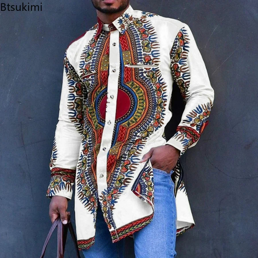 African Men's Ethnic Print Long Sleeve Traditional Shirt