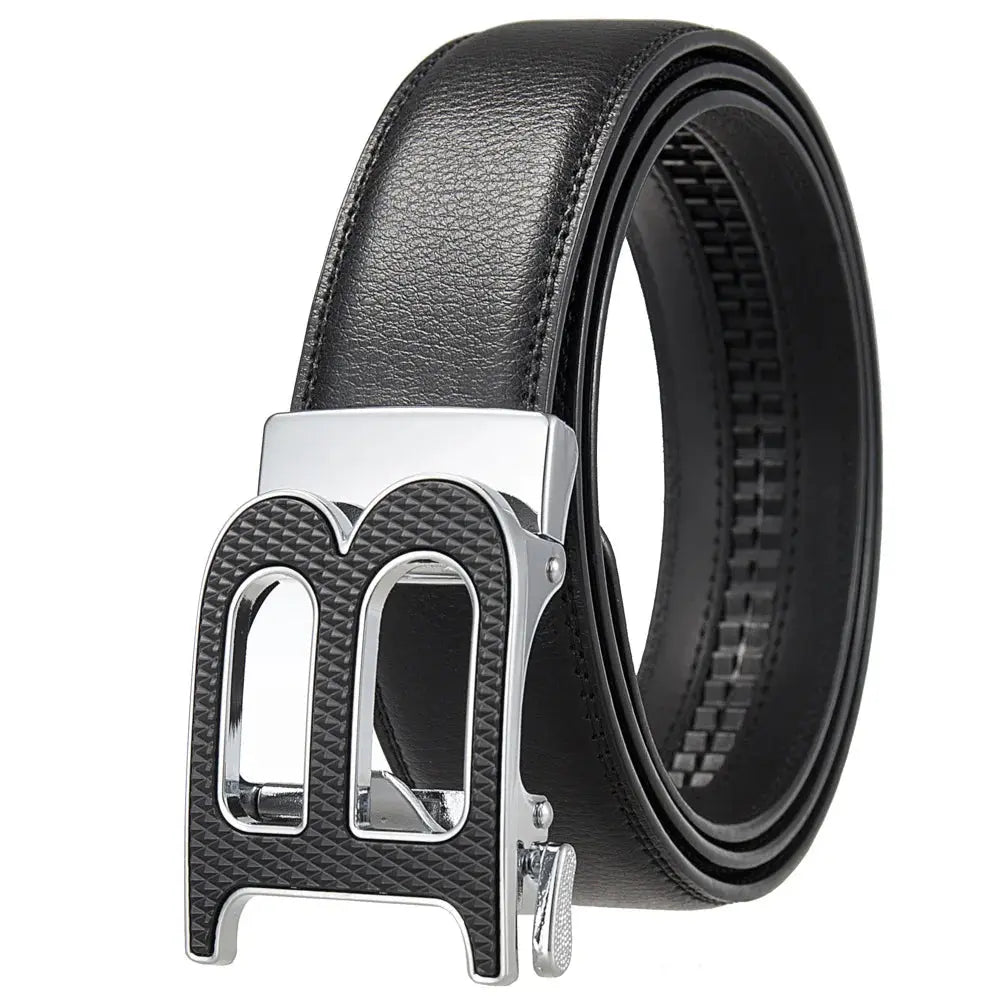Close-up of the Command the Room leather belt showcasing high-grade genuine leather and metallic automatic buckle.