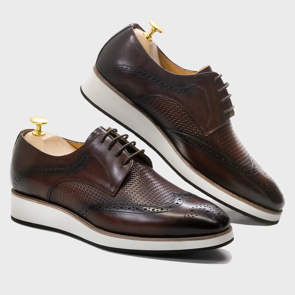 Genuine leather wingtip brogue derby shoes in black with classic detailing for professional boardroom wear