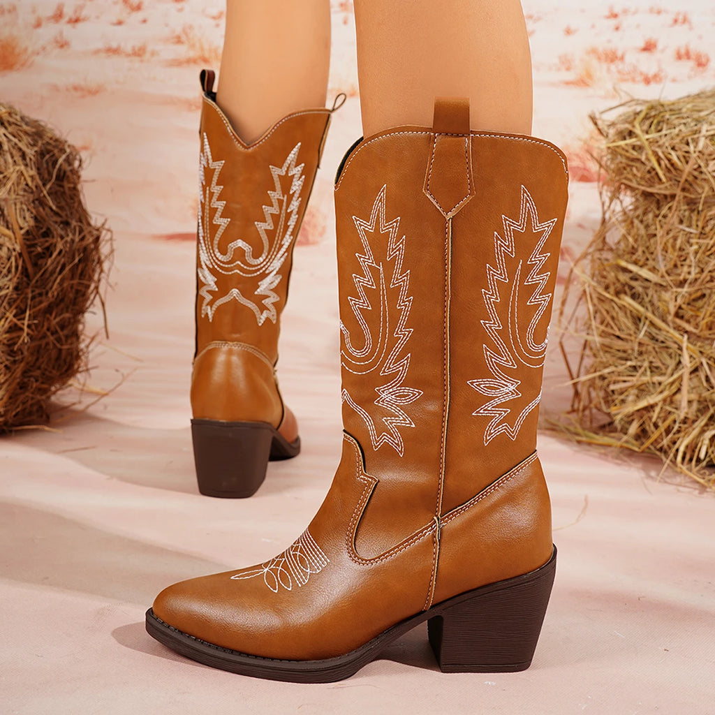 Mid-calf western boots with decorative embroidered patterns and comfortable medium block heel