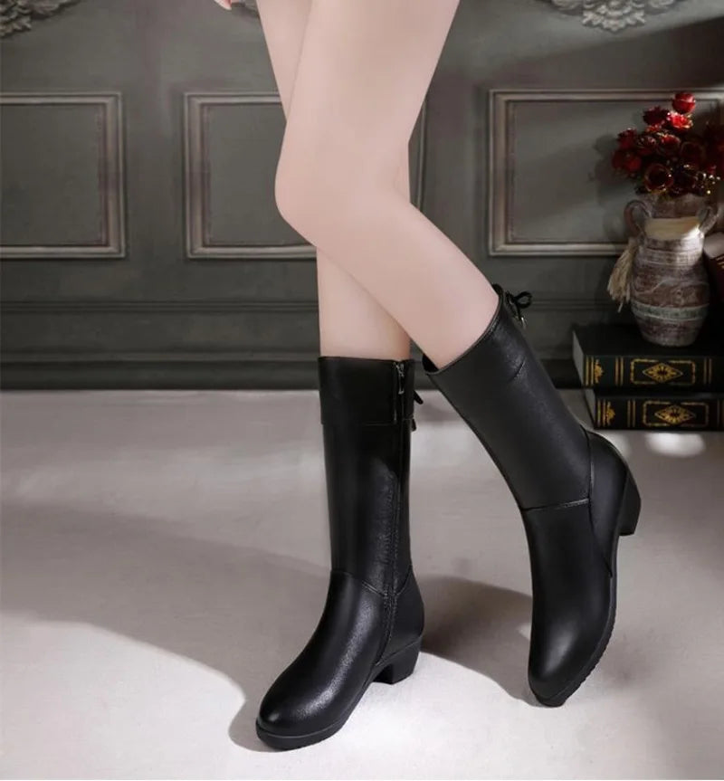 Brown leather boots with square heel and plush lining for cold weather comfort