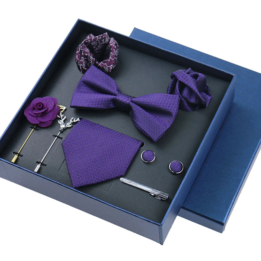 Complete formal wear kit with matching tie, cufflinks, and pocket accessories
