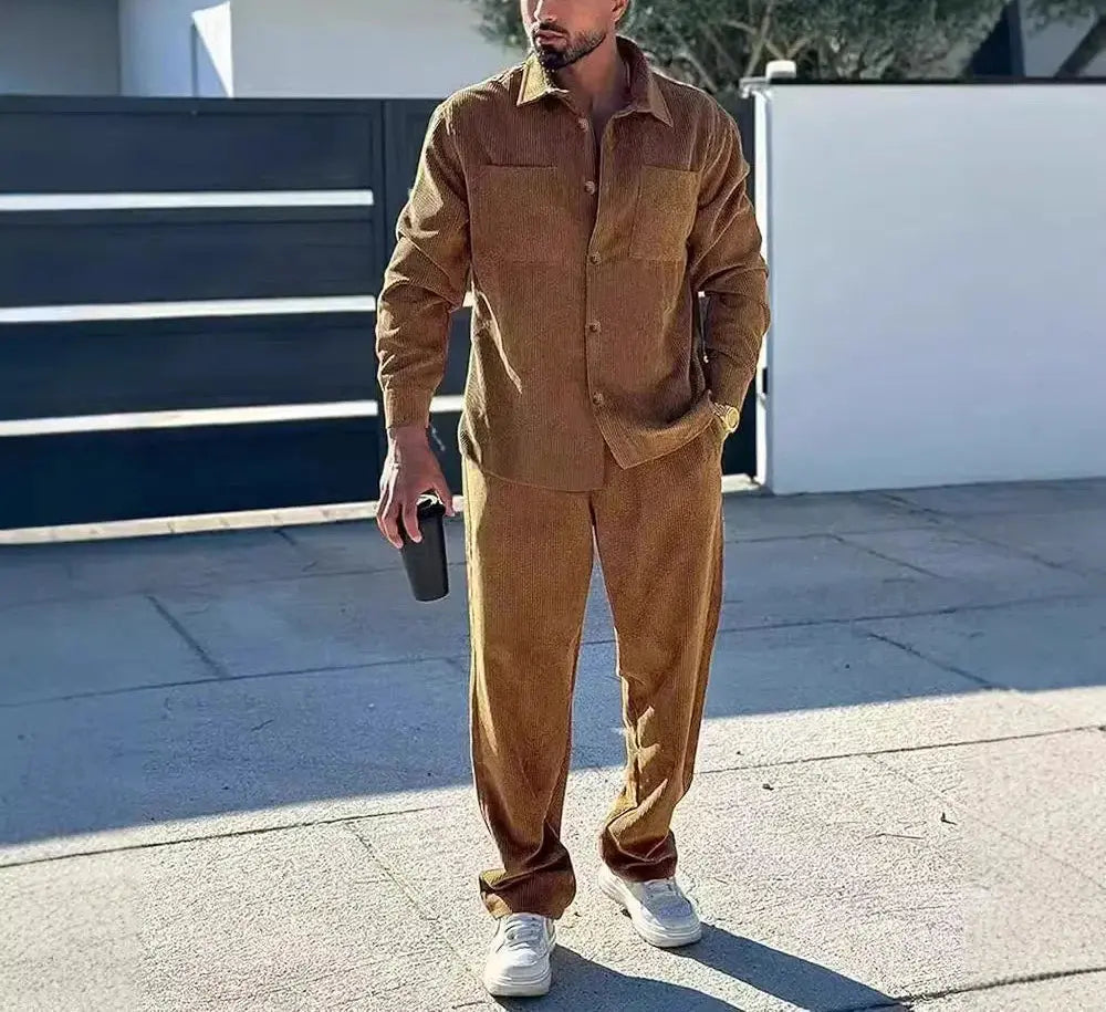 Back view of men's leisure suit highlighting its sleek design and fit.