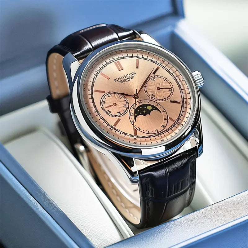 Timeless Precision watch with brushed alloy casing and leather strap.