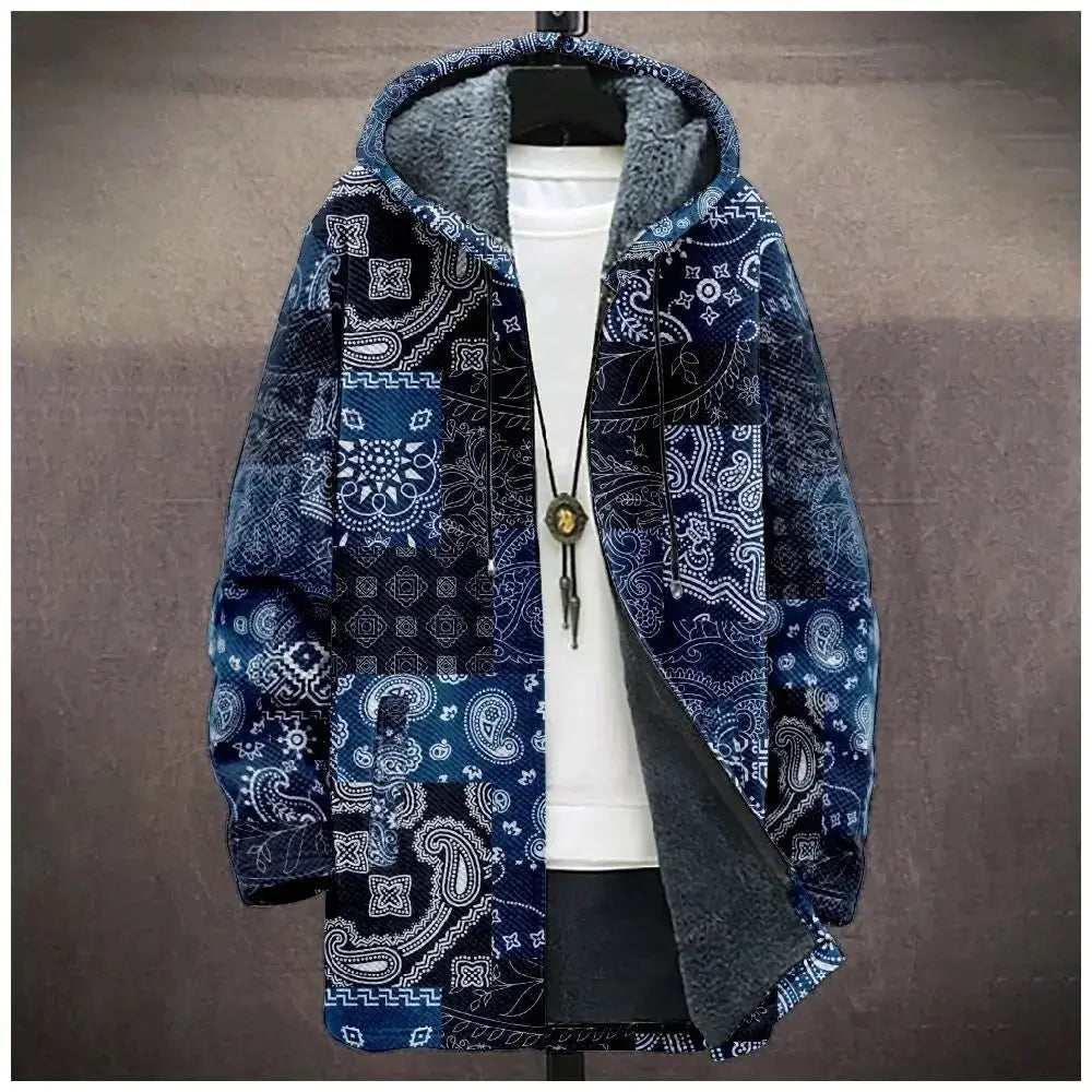 Detail shot of the hood on the Winter Tribal Cardigan, perfect for chilly days.