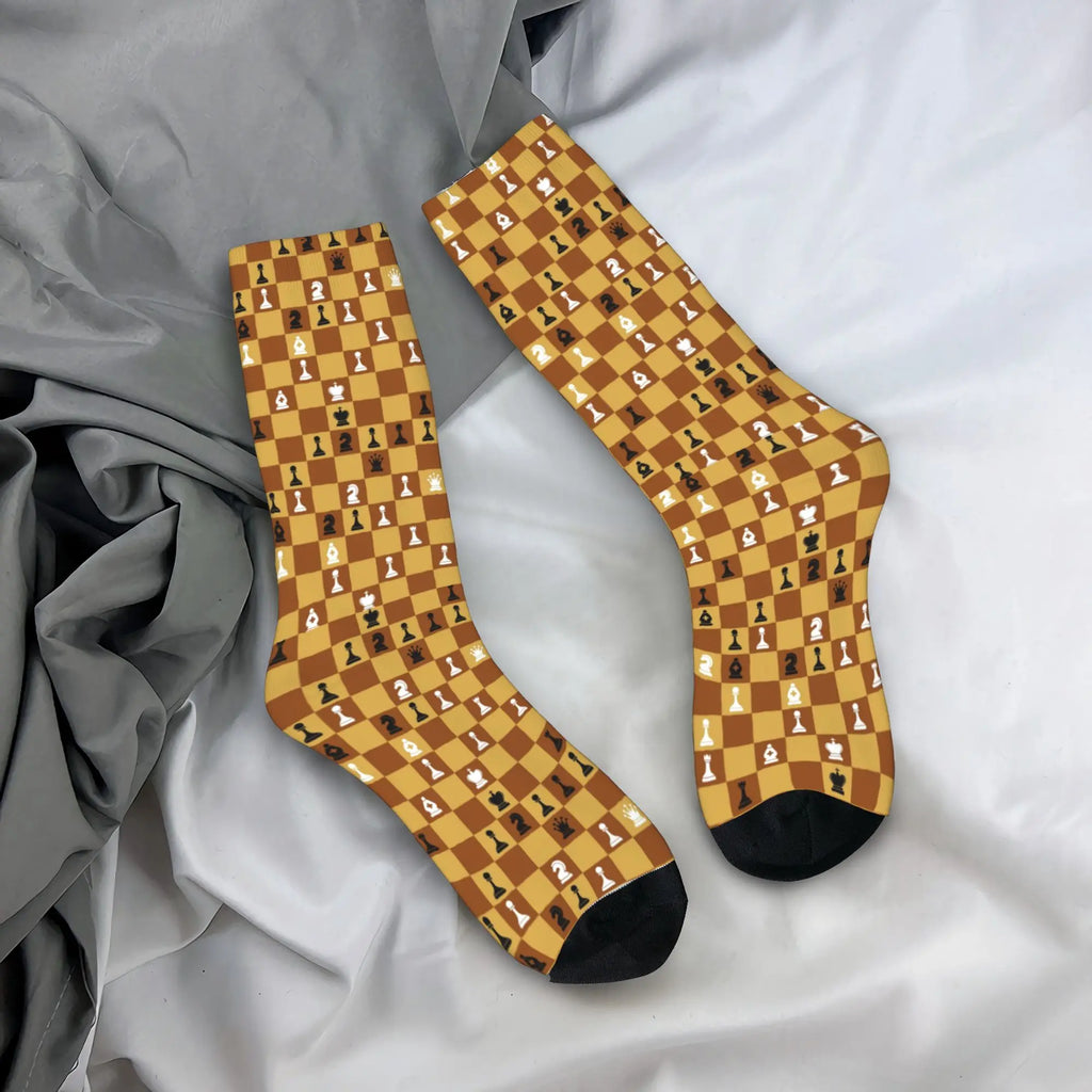 Comfortable polyester and elastane blend socks featuring a unique chess design.