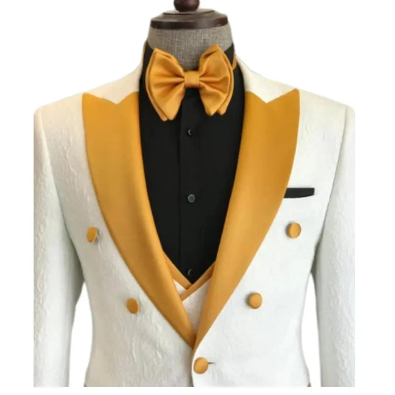 Full view of the groom's floral suit, showcasing its regal design.