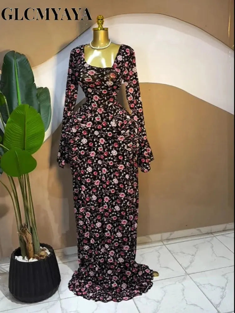Model wearing the Floral Whisper Asymmetrical Dress at a chic autumn gala, showcasing its elegance.