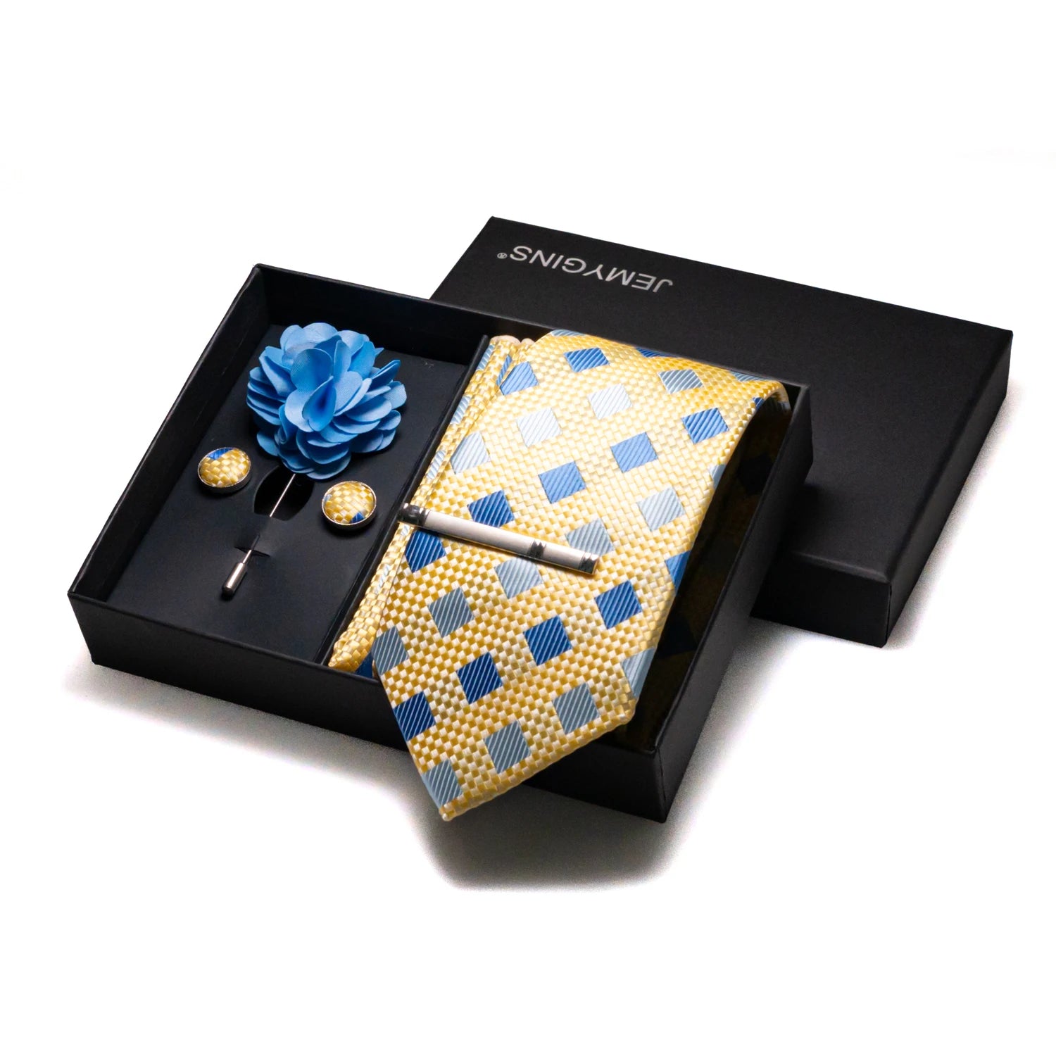 Complete five-piece formal accessory set featuring silk tie, pocket square and cufflinks