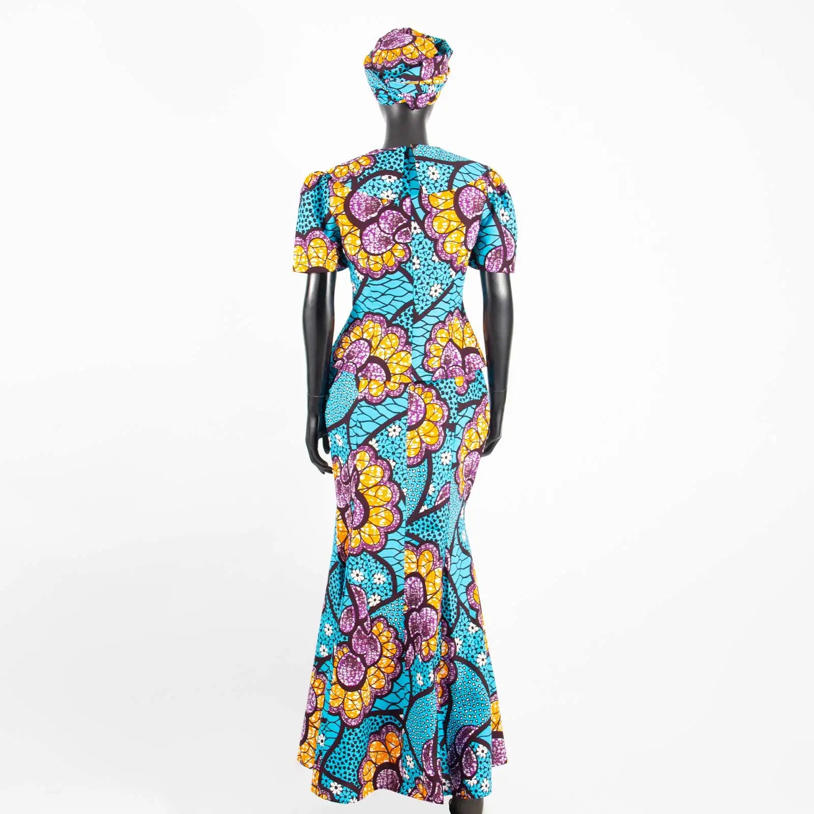 African Women Ankara Print Doll Collar Top, Skirt & Headscarf 3-Piece Set