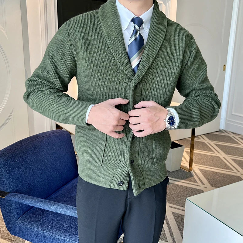 Autumn Aura Cardigan draped elegantly on a hanger, highlighting its refined silhouette.