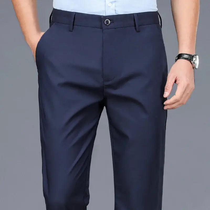 Model transitioning from day to night in versatile trousers.