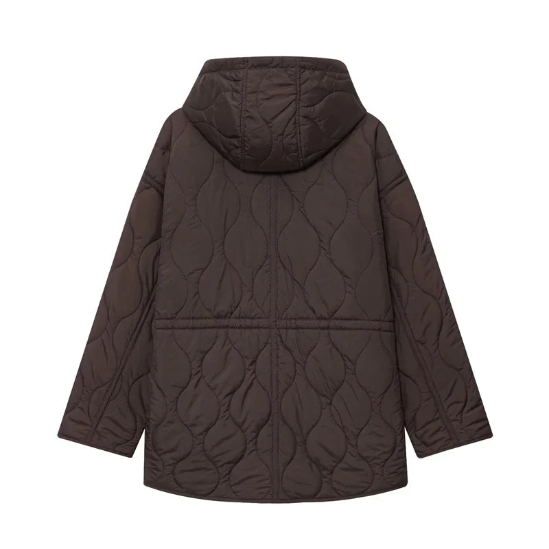 Hooded design of the Autumn Whisper coat, offering warmth and style for chilly days.