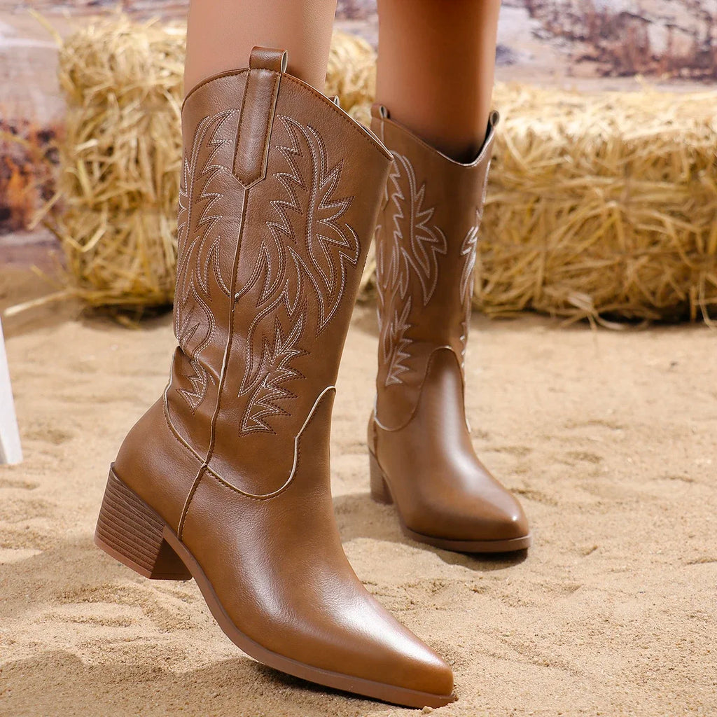 Waterproof embroidered cowgirl boots with zipper closure and modern street style