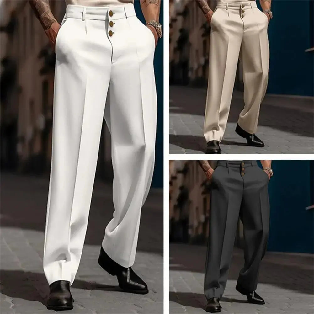 Close-up of classic detailing on trousers, featuring subtle button and zipper closure.