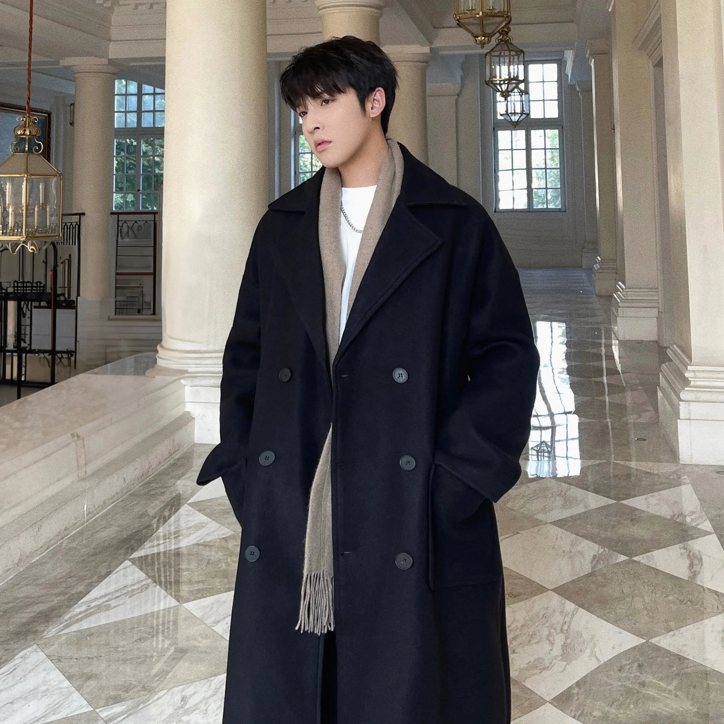 Thick woolen blend fabric of the Winter Sentinel coat, designed for enduring warmth in cold weather.