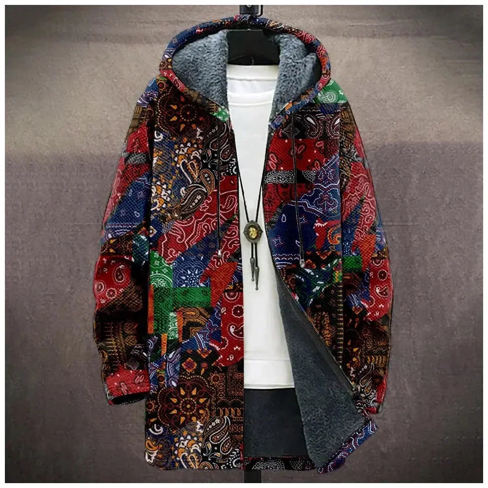 Fleece-lined winter cardigan with eye-catching tribal patterns and cozy hood