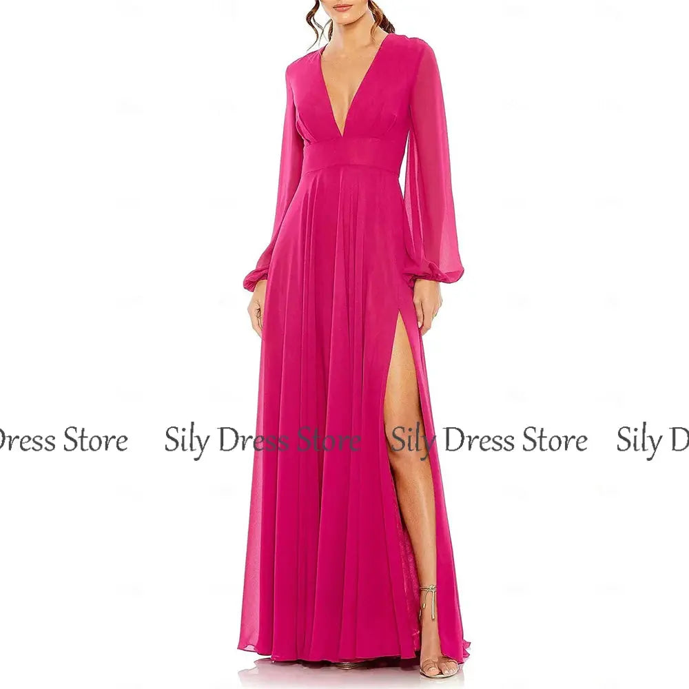 Flowy split design of the fuchsia evening gown, perfect for graceful movement at formal events.